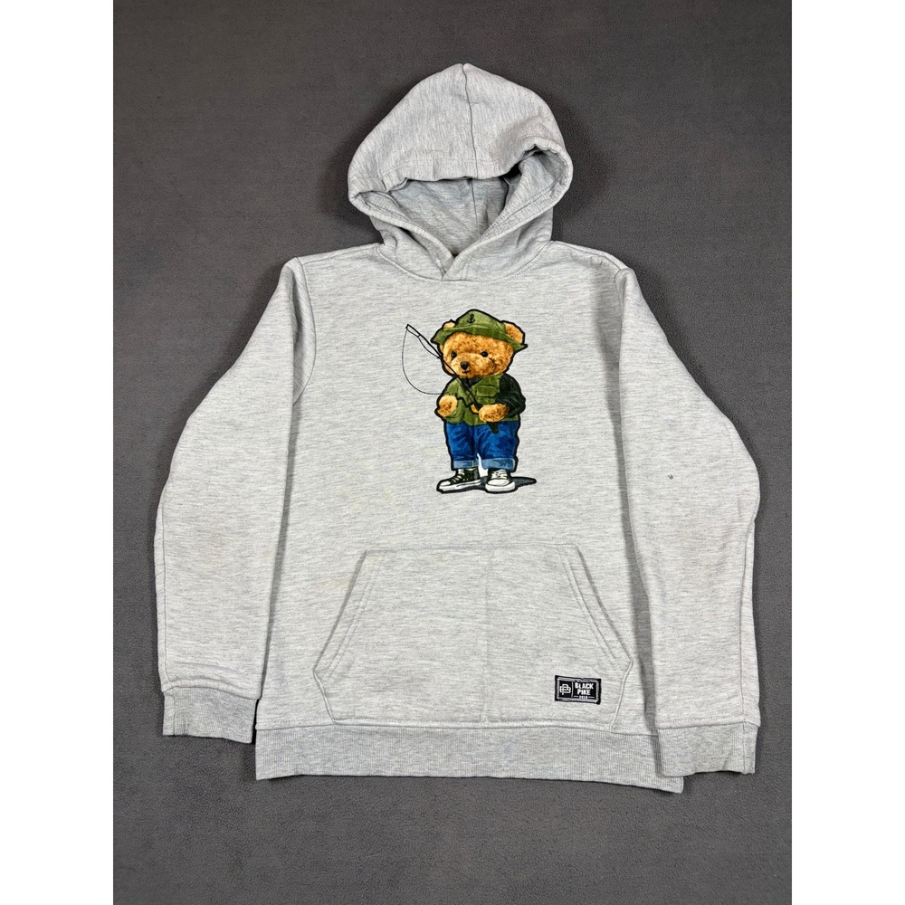 Black Pike Hoodie Boys Size 10-12 Gray Fishing Bear Graphic Pullover Sweatshirt